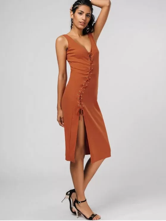 BerryBetty - Fashion Bias Cut Lace Up Pencil Tank Dress