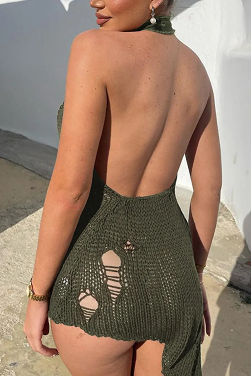 BK730 Halter Neck Mesh Knit Bodycon Midi Dress