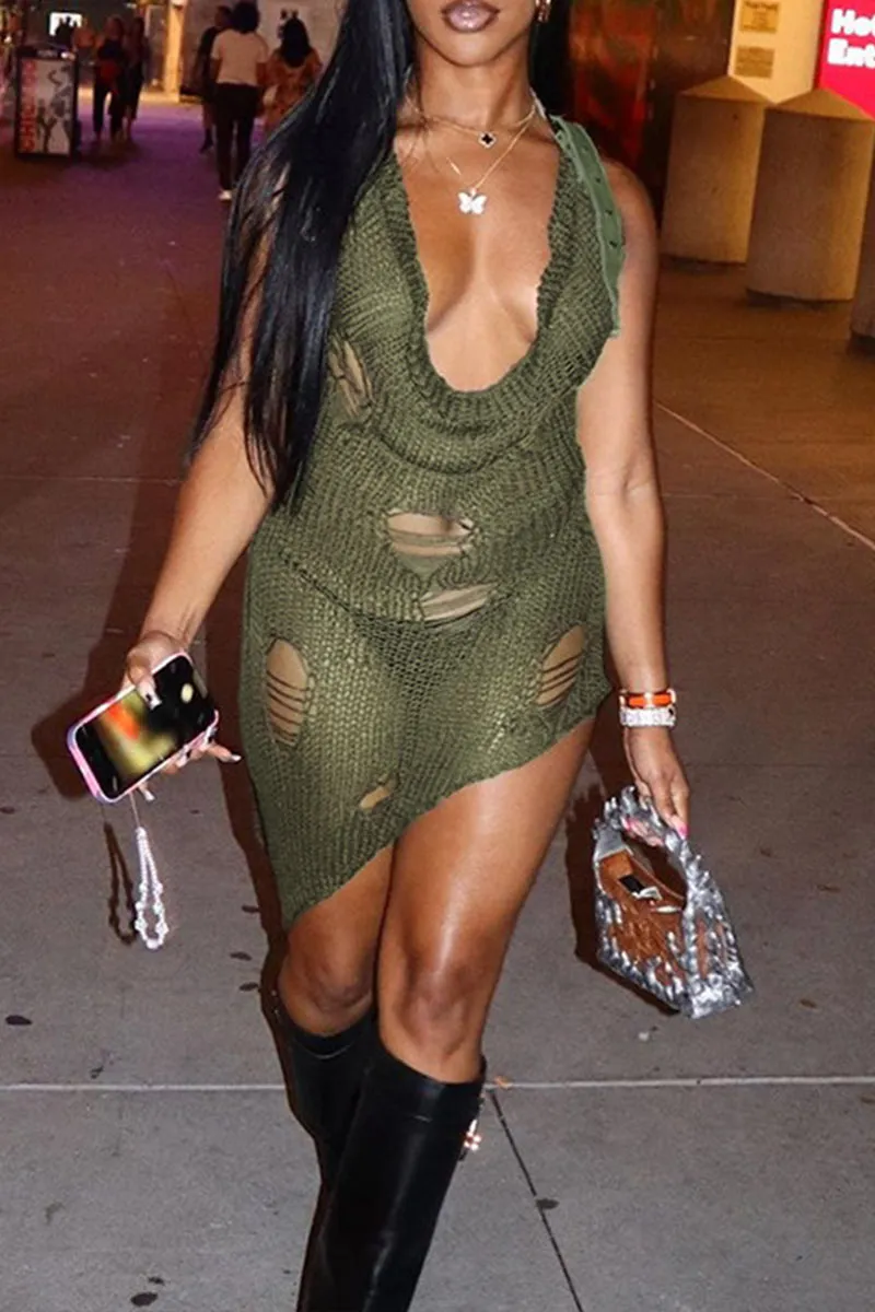 BK730 Halter Neck Mesh Knit Bodycon Midi Dress