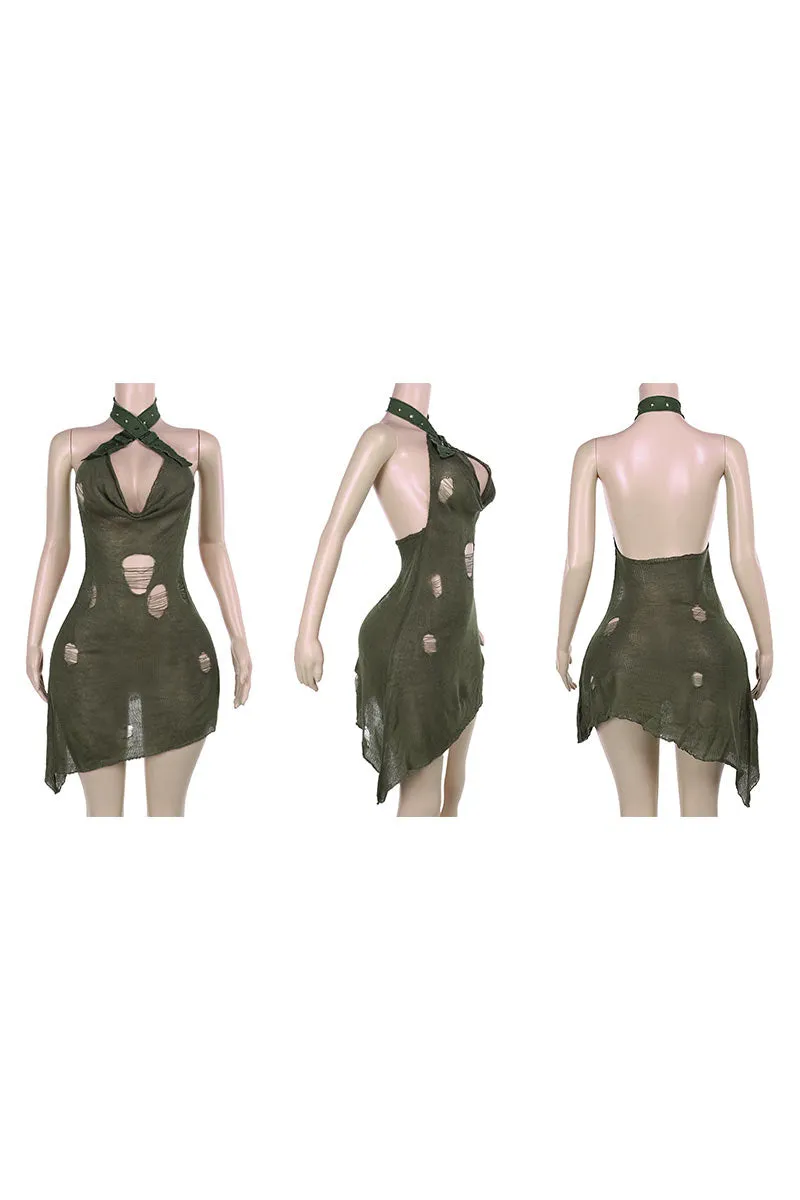 BK730 Halter Neck Mesh Knit Bodycon Midi Dress