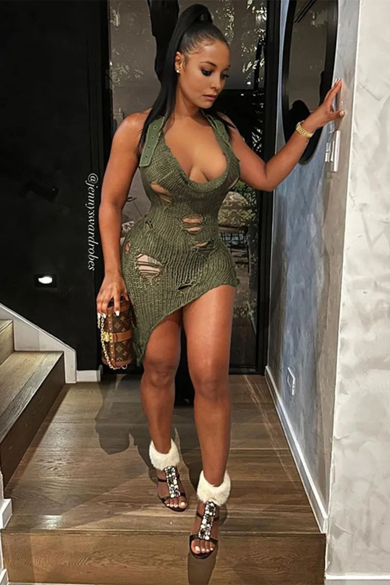BK730 Halter Neck Mesh Knit Bodycon Midi Dress