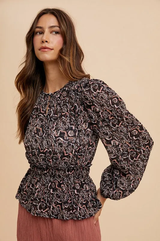 Black Abstract Print Balloon Sleeve Peplum Blouse
