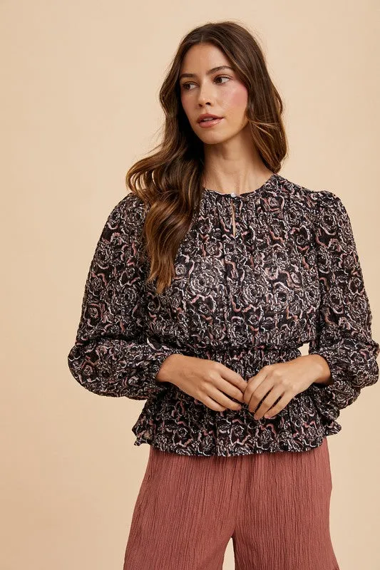 Black Abstract Print Balloon Sleeve Peplum Blouse