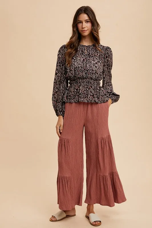Black Abstract Print Balloon Sleeve Peplum Blouse