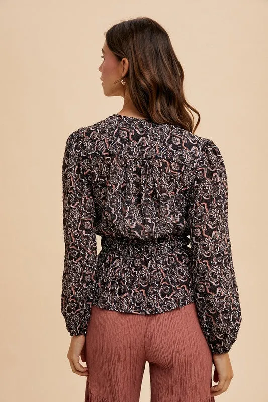 Black Abstract Print Balloon Sleeve Peplum Blouse