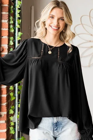Black Back Button Closure Round Neck Ladder Trim Blouse 9/30/24 8984