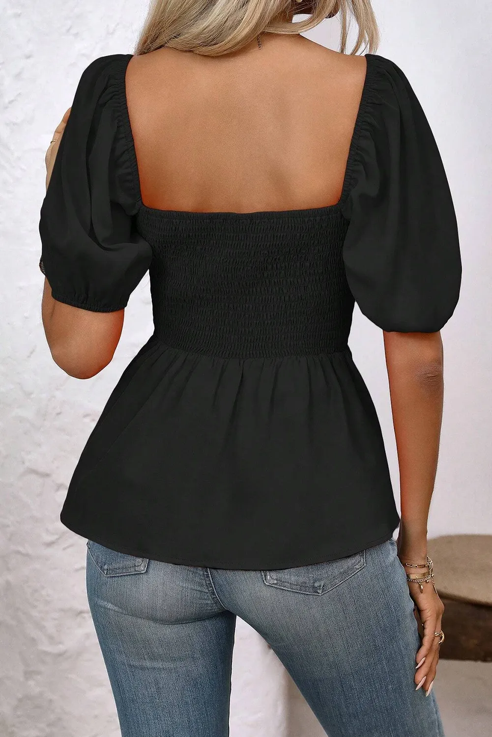 Black Bubble Sleeve Square Neck Ruched Peplum Blouse