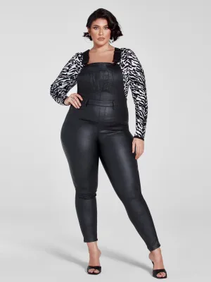 Black Coated Denim Cargo Overalls