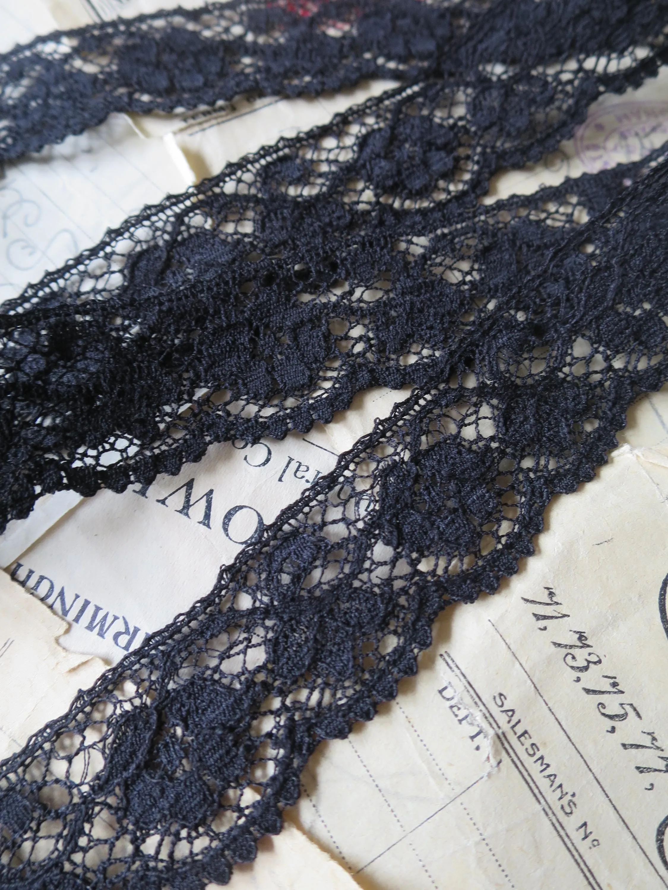 Black English Nottingham Lace- Scalloped Raised Floral Guipure- 2.7 cm