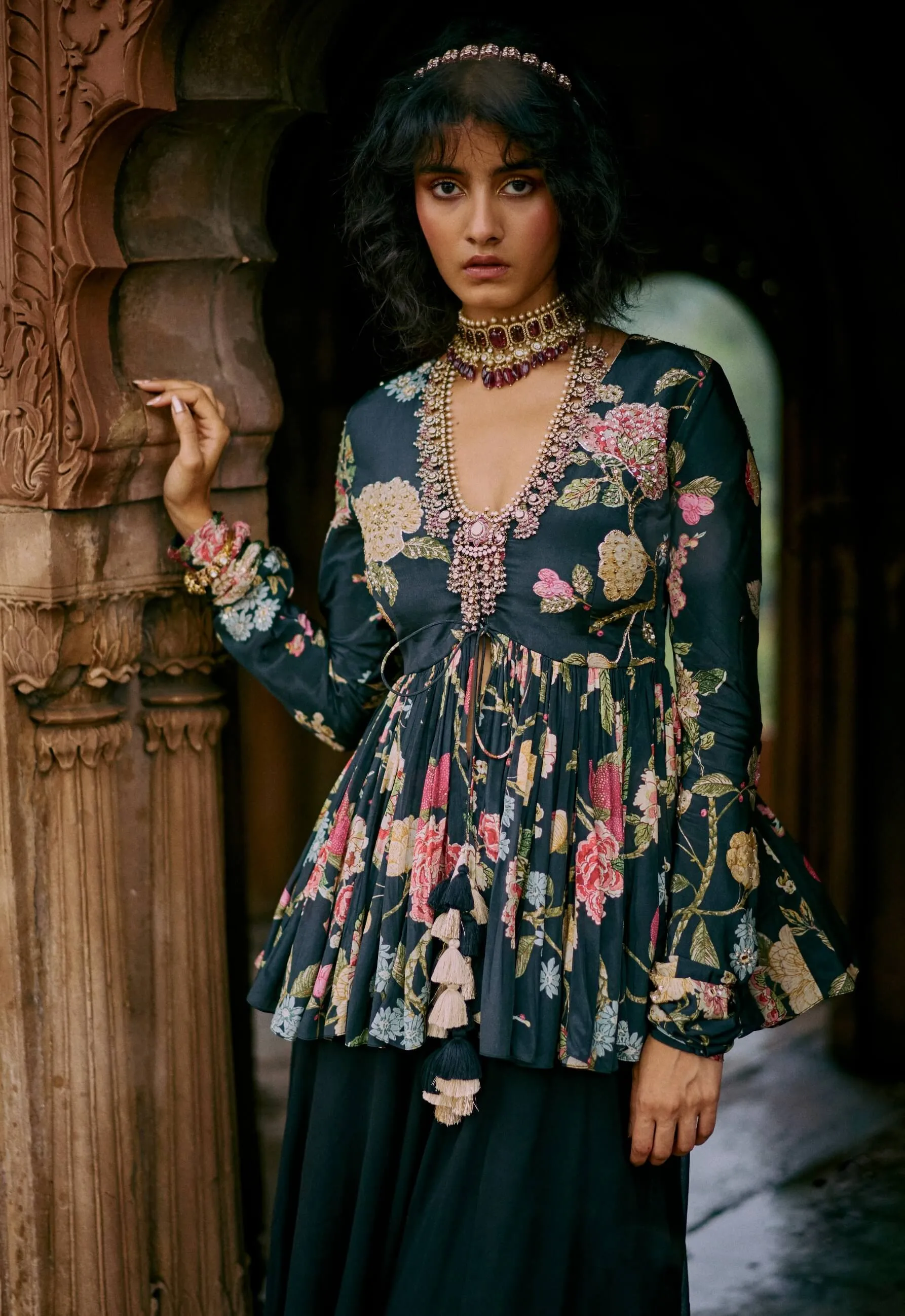 Black floral printed peplum and solid palazzo