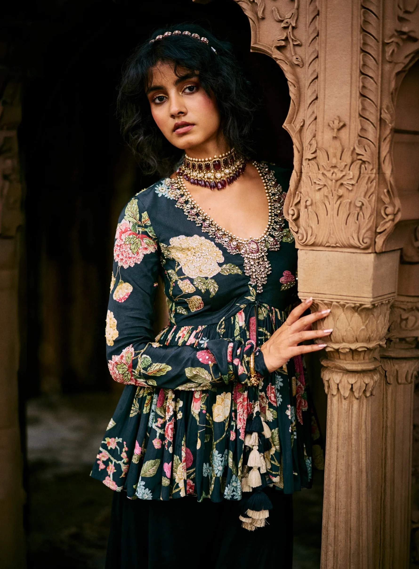 Black floral printed peplum and solid palazzo