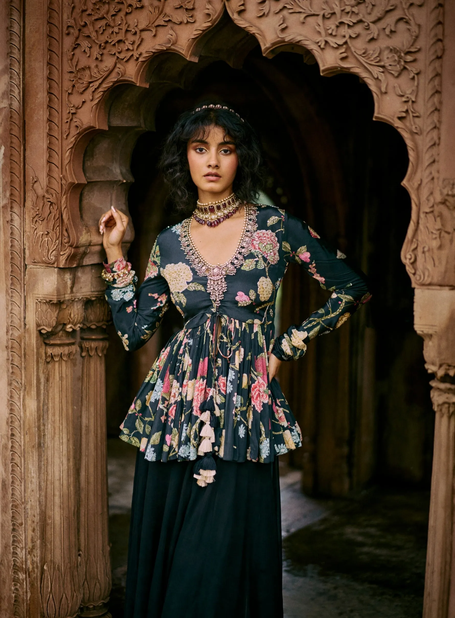 Black floral printed peplum and solid palazzo