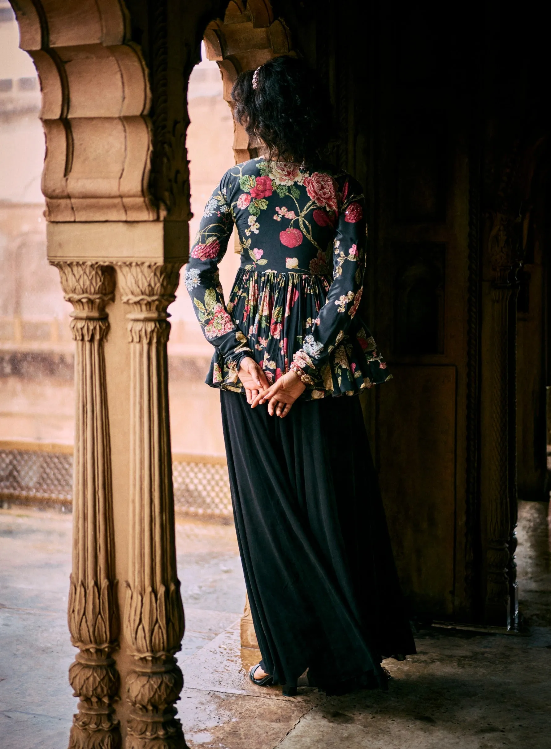 Black floral printed peplum and solid palazzo
