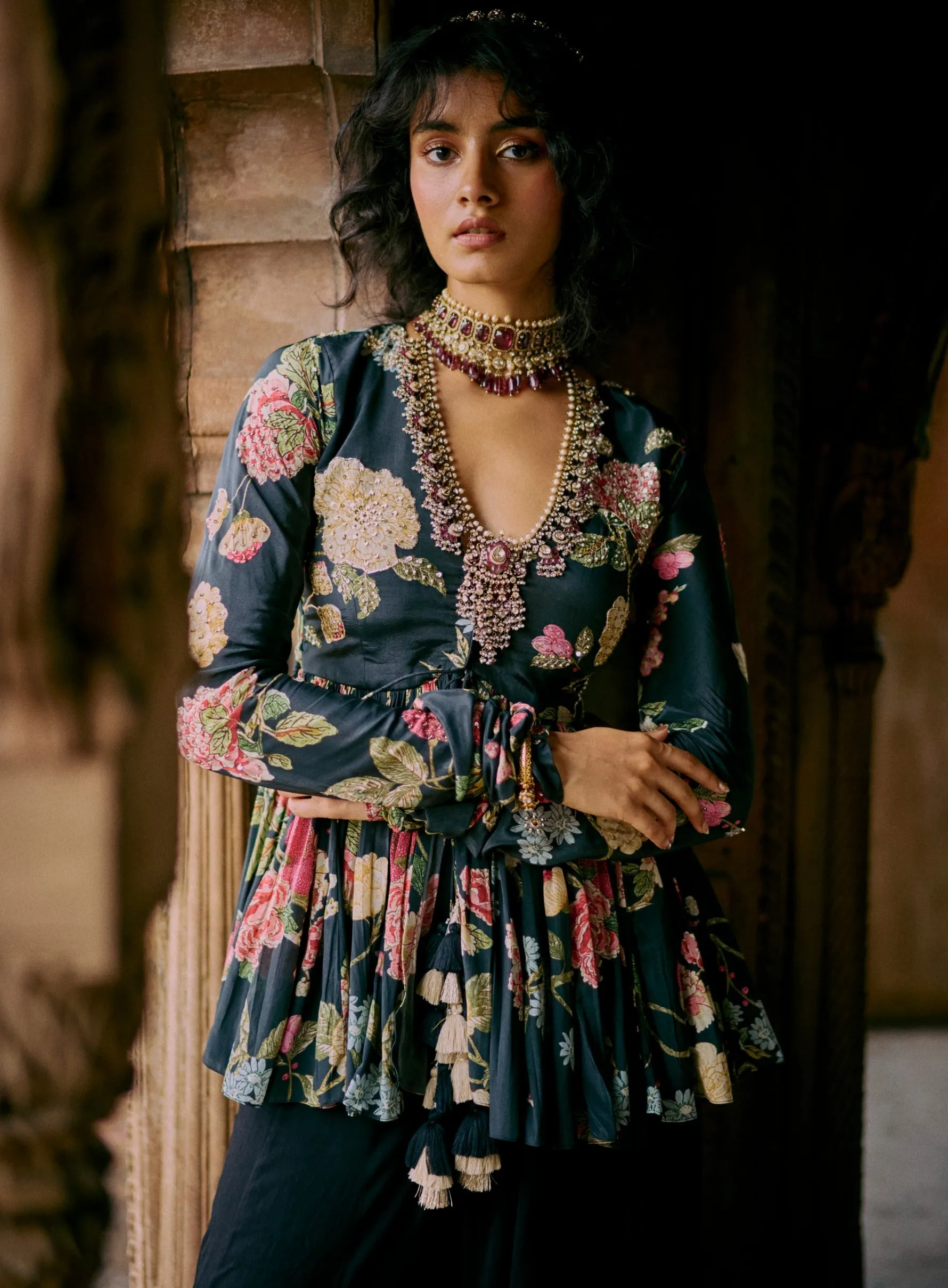 Black floral printed peplum and solid palazzo