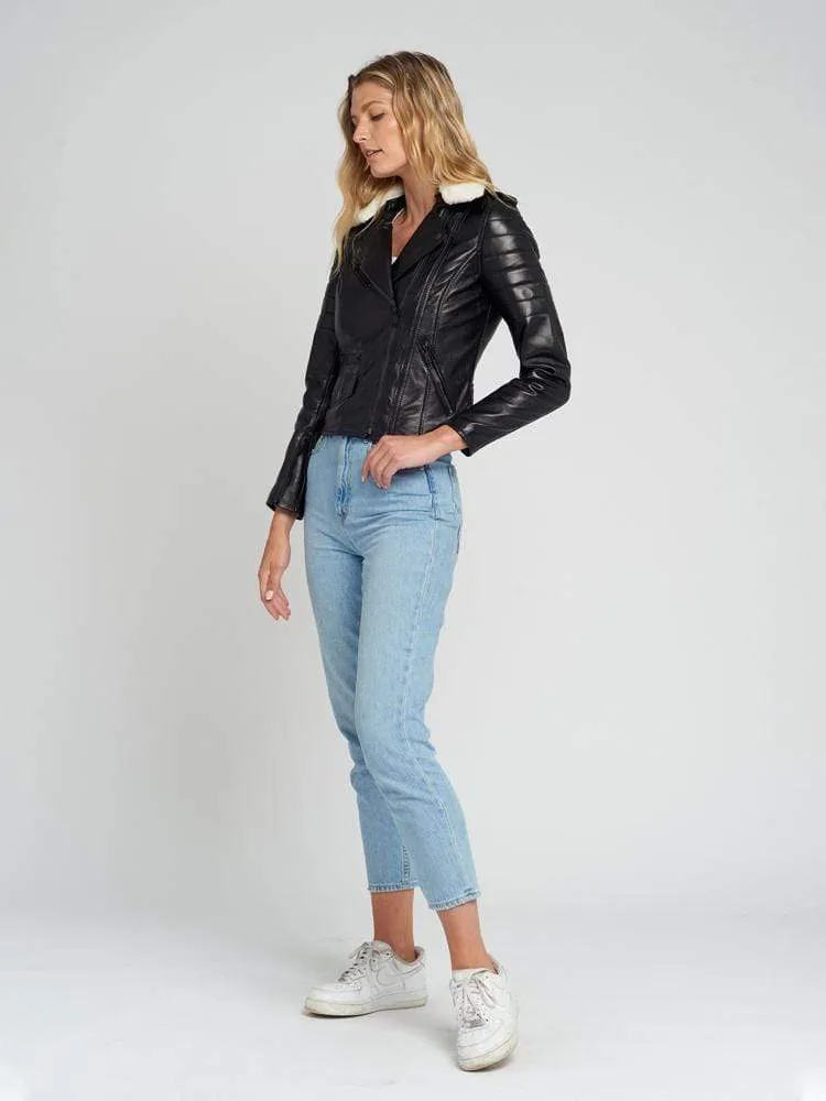 Black Fur Collared Leather Jacket