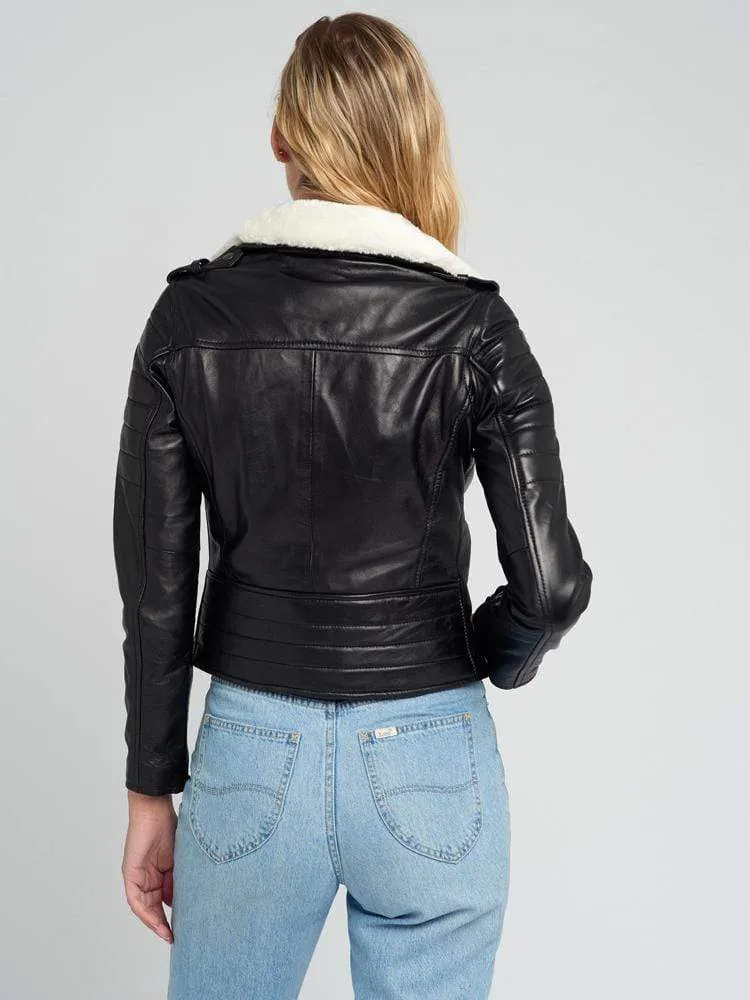 Black Fur Collared Leather Jacket