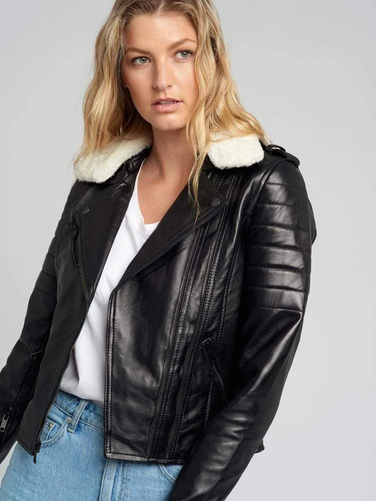 Black Fur Collared Leather Jacket