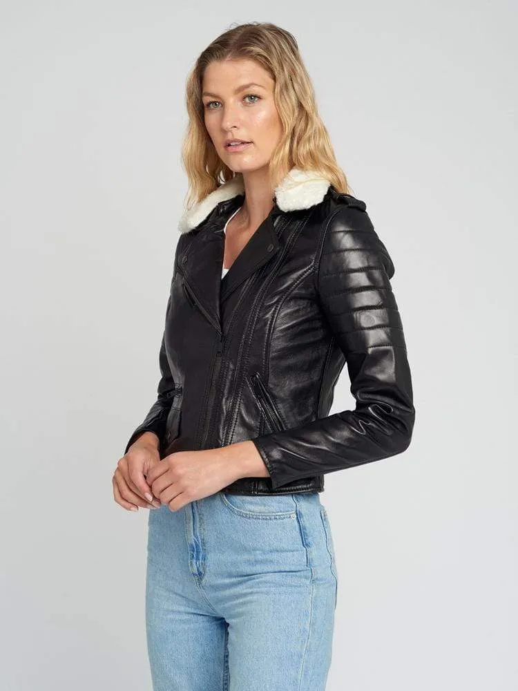 Black Fur Collared Leather Jacket