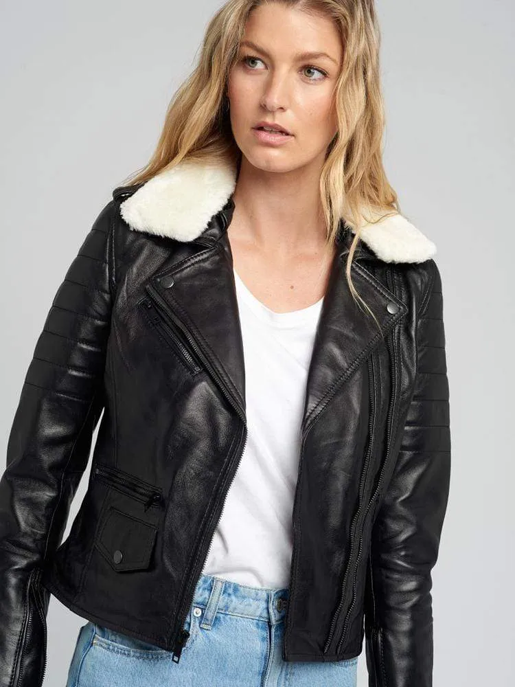 Black Fur Collared Leather Jacket