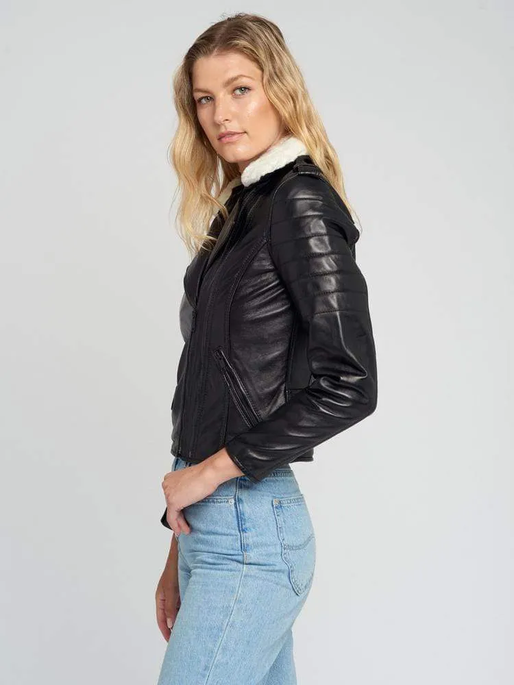 Black Fur Collared Leather Jacket