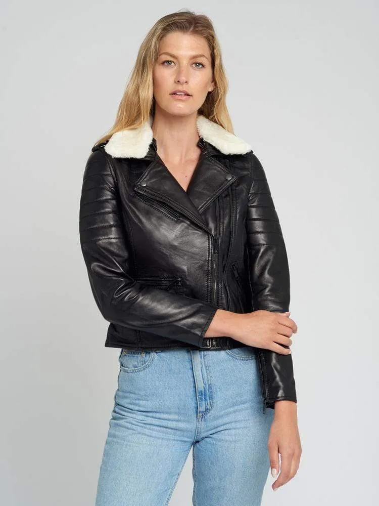 Black Fur Collared Leather Jacket