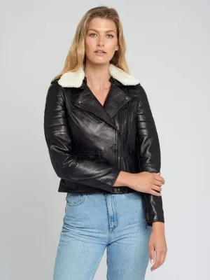 Black Fur Collared Leather Jacket