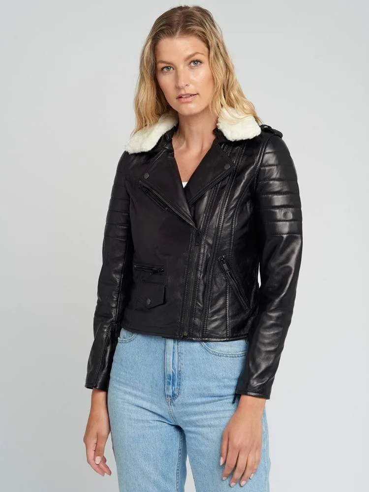 Black Fur Collared Leather Jacket