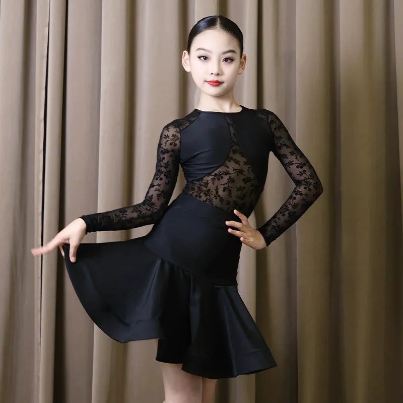 Black Lace Long Sleeves Latin Dance Clothes for Girls Kids Flowers Lace Salsa Rumba Chacha Performance Dresses for Children