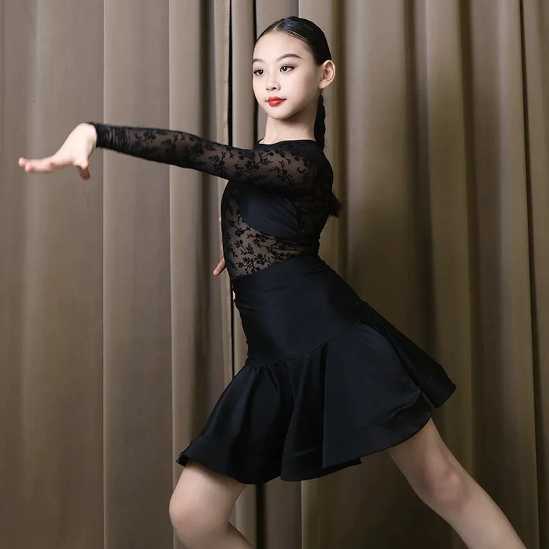 Black Lace Long Sleeves Latin Dance Clothes for Girls Kids Flowers Lace Salsa Rumba Chacha Performance Dresses for Children