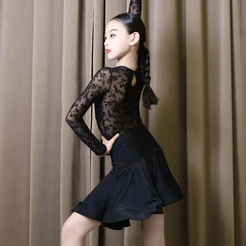 Black Lace Long Sleeves Latin Dance Clothes for Girls Kids Flowers Lace Salsa Rumba Chacha Performance Dresses for Children