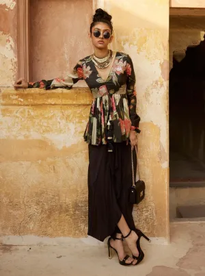 Black printed peplum and skirt
