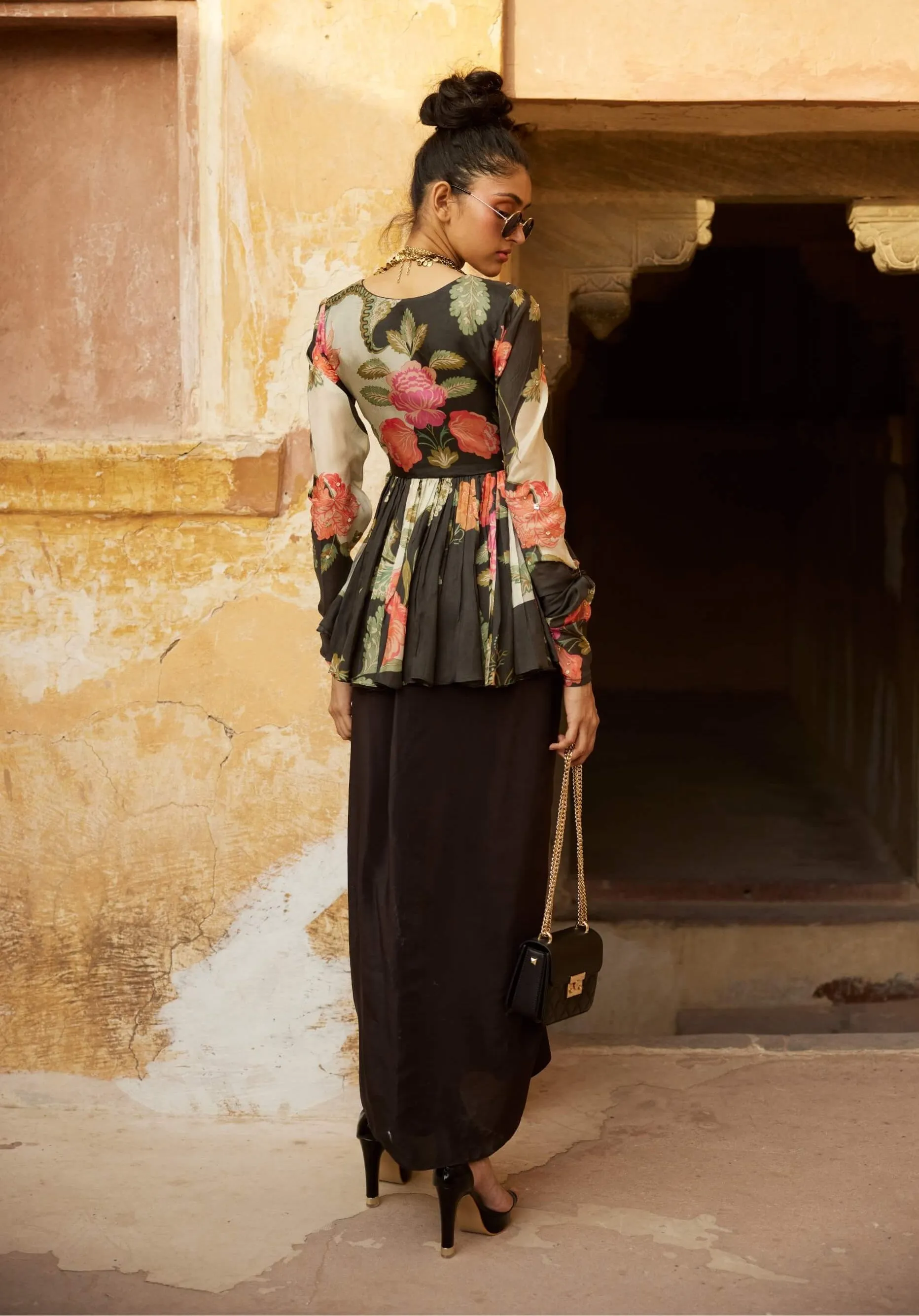 Black printed peplum and skirt
