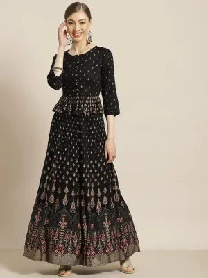 Black Rayon & Cambric Printed Peplum Lehenga Choli Sets