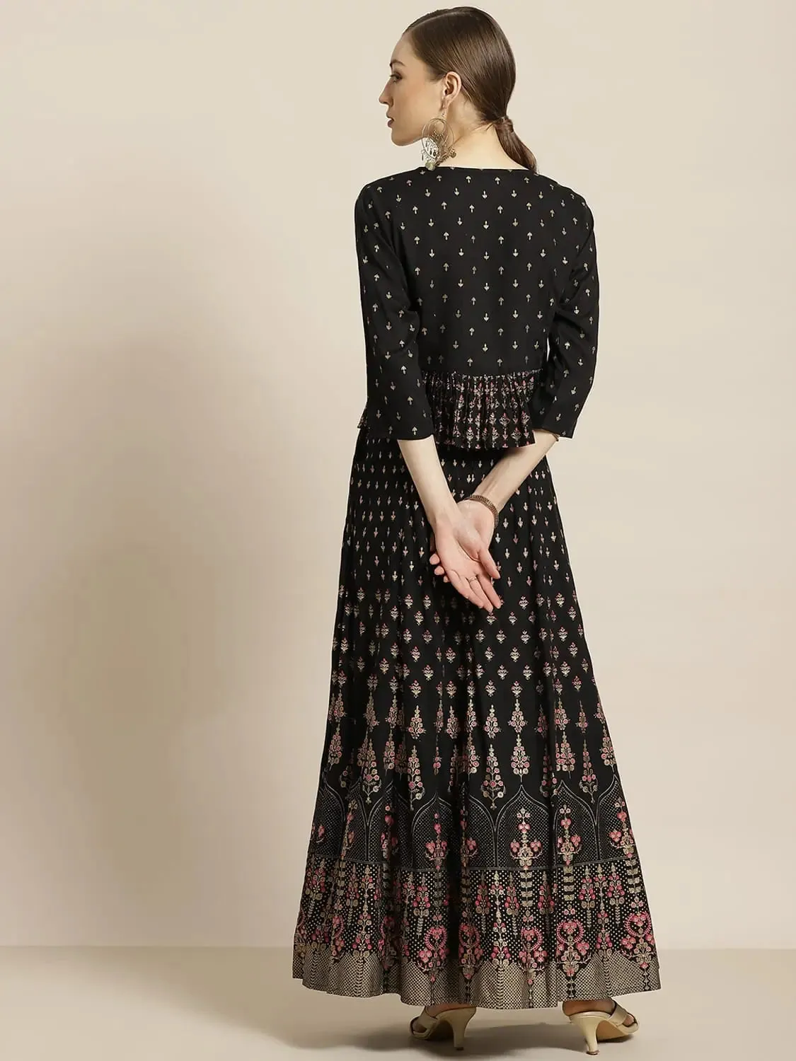 Black Rayon & Cambric Printed Peplum Lehenga Choli Sets