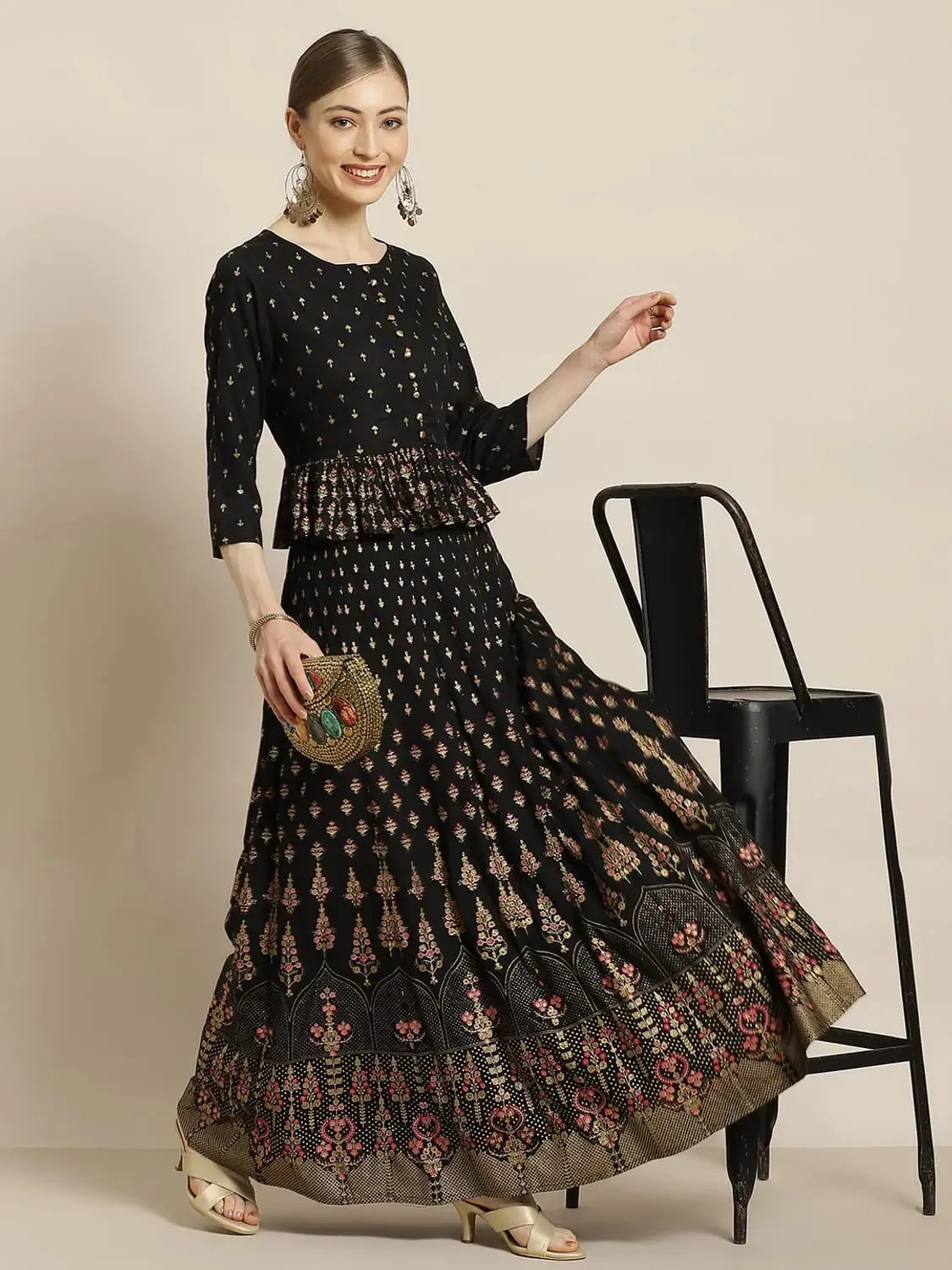 Black Rayon & Cambric Printed Peplum Lehenga Choli Sets