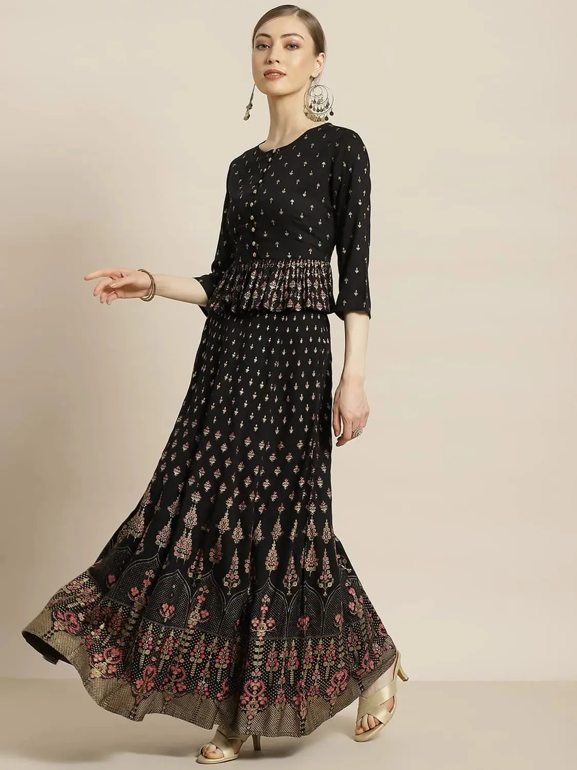 Black Rayon & Cambric Printed Peplum Lehenga Choli Sets