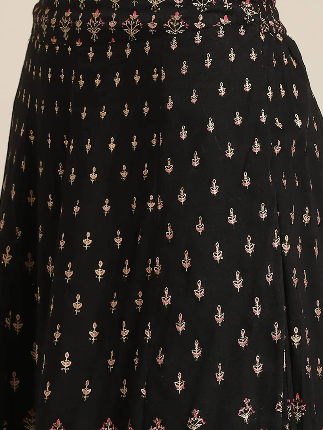 Black Rayon & Cambric Printed Peplum Lehenga Choli Sets