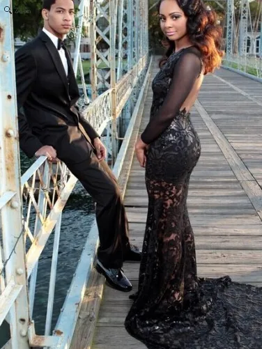 Black Scoop See Through Backless Long Cheap Lace Prom Dresses, QB0658