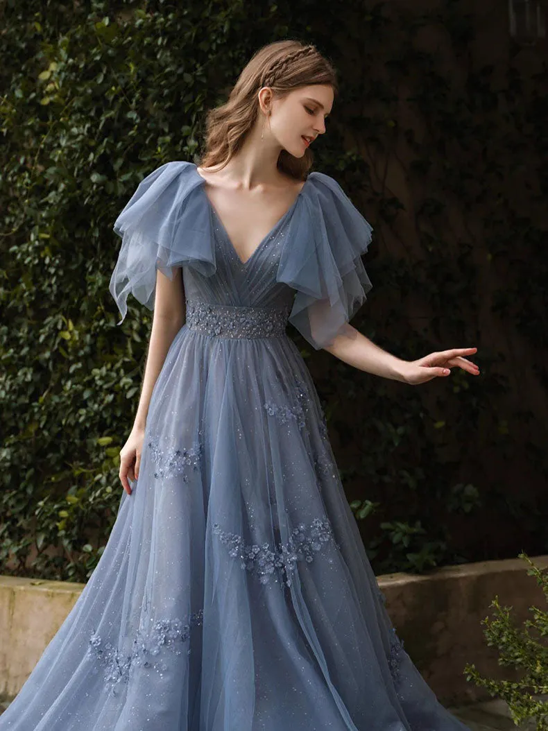 Blue A line tulle long prom dress blue formal party dress