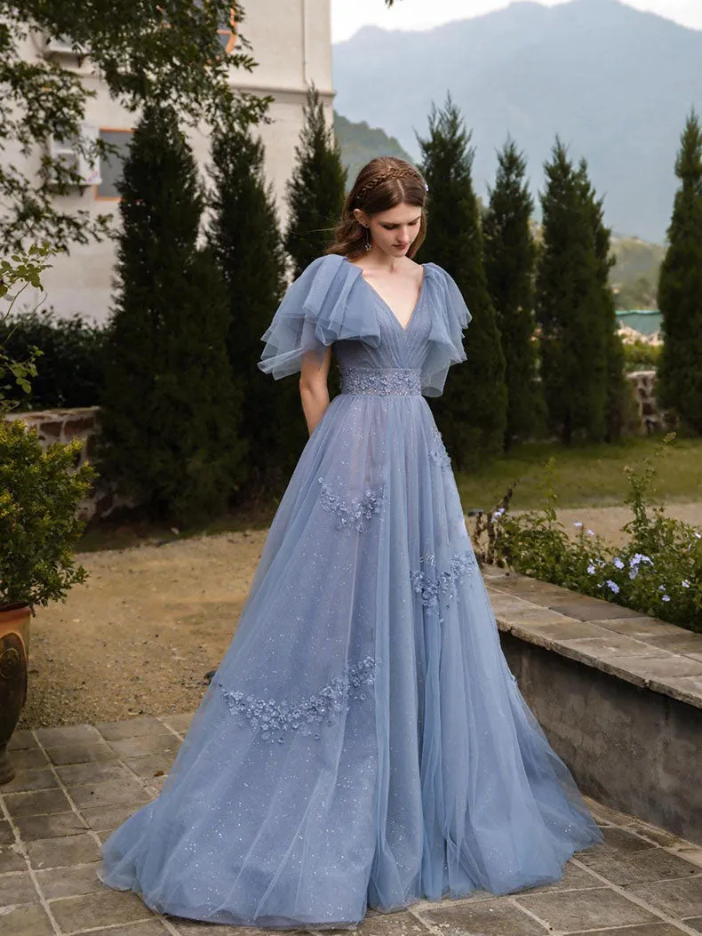 Blue A line tulle long prom dress blue formal party dress