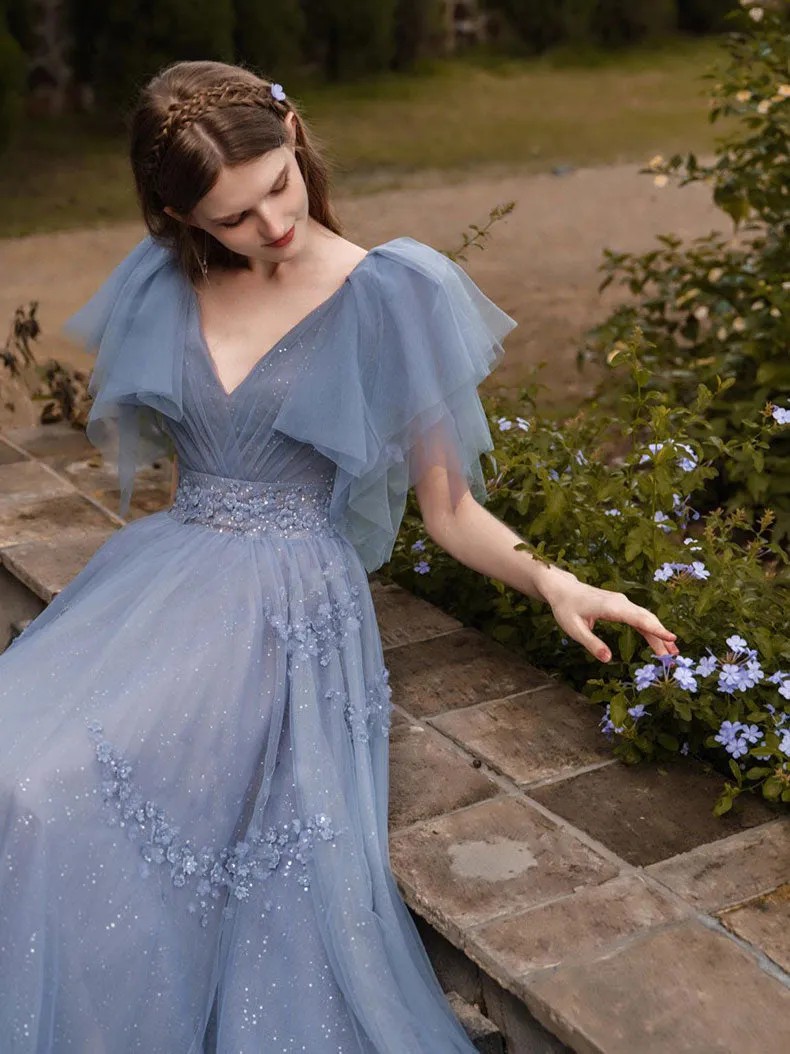 Blue A line tulle long prom dress blue formal party dress