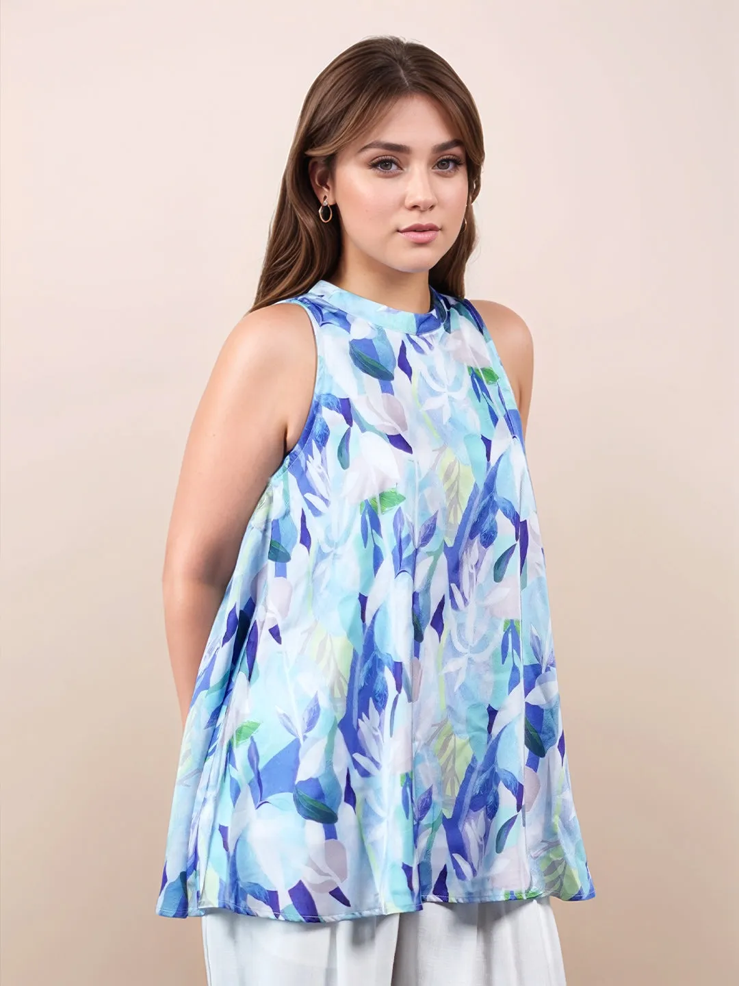 Blue Abstract Printed Sleeveless Top