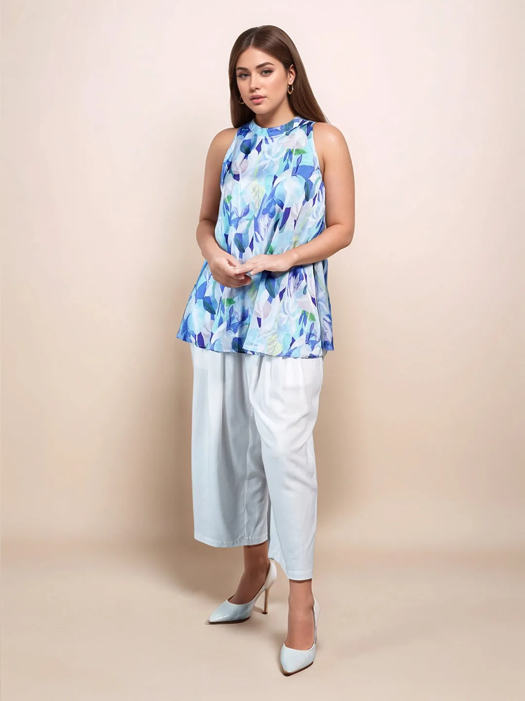 Blue Abstract Printed Sleeveless Top
