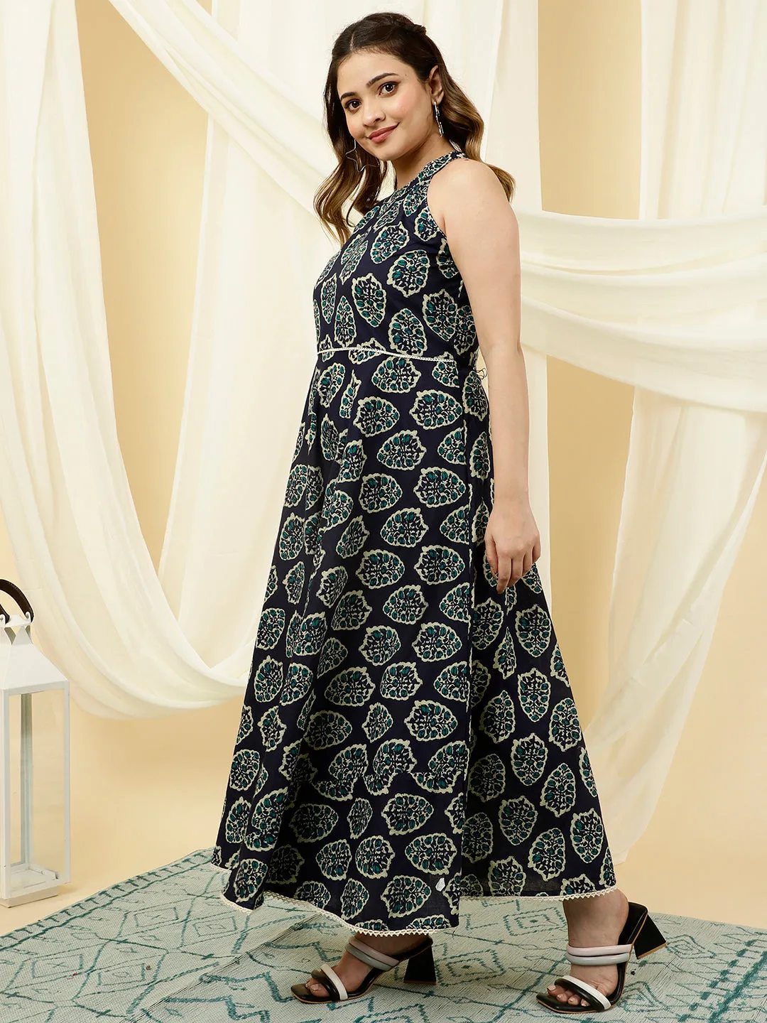 Blue Ethnic Printed Cotton Dress