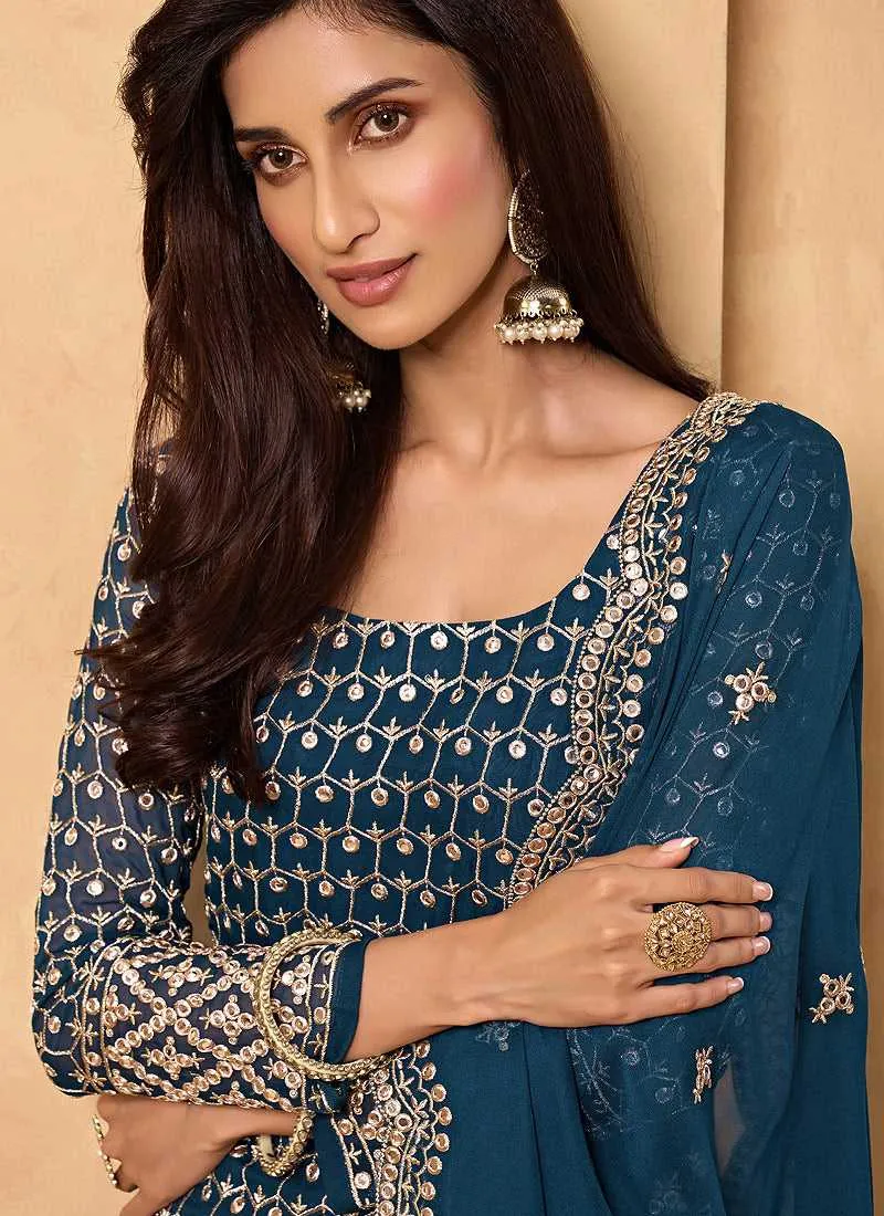 Blue Heavy Embroidered Designer Sharara Style Suit