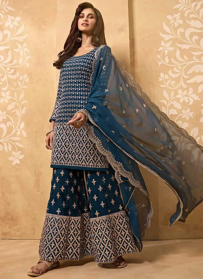Blue Heavy Embroidered Designer Sharara Style Suit