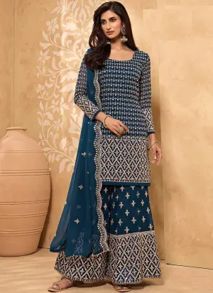 Blue Heavy Embroidered Designer Sharara Style Suit