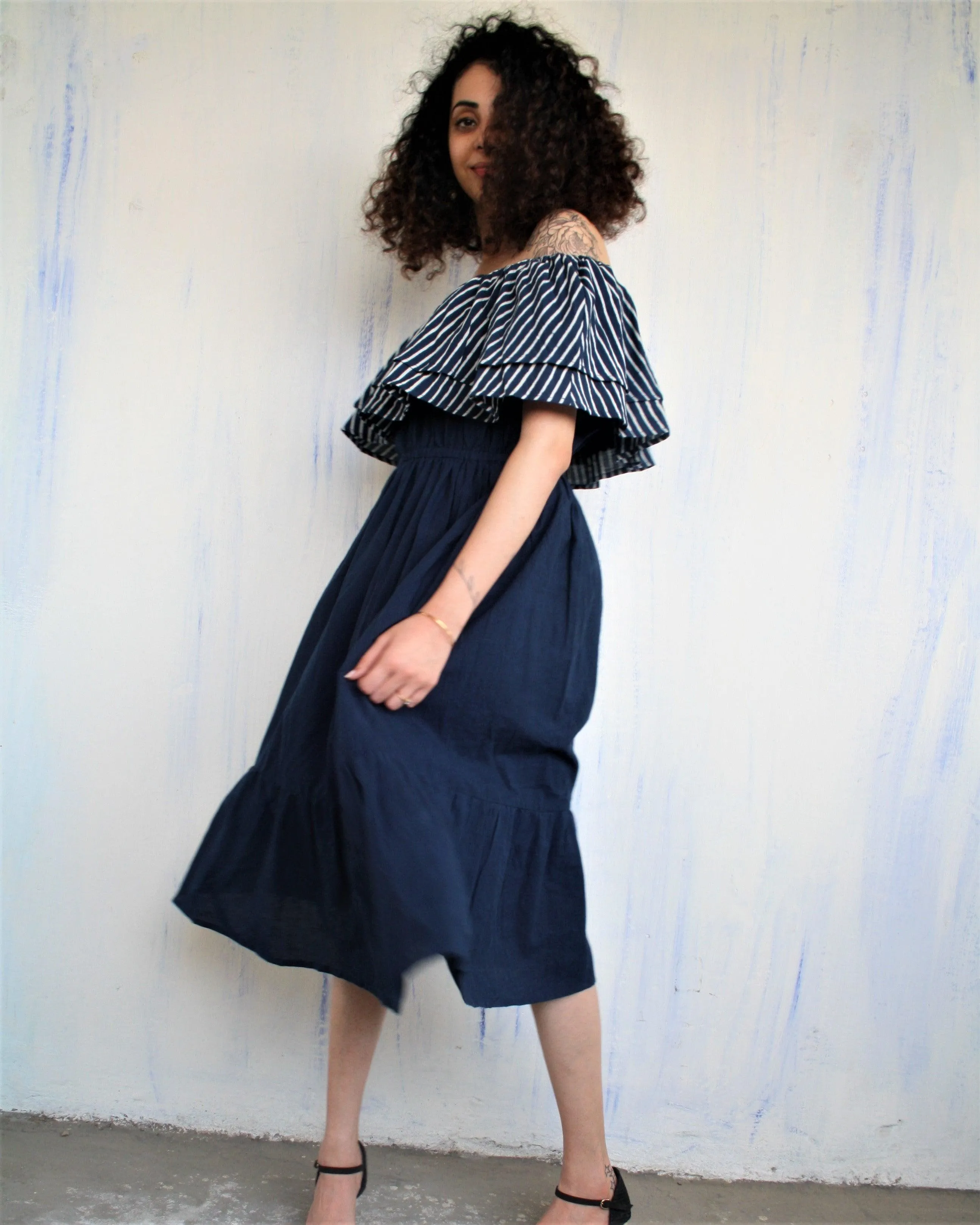 Blue Offshoulder Blockprinted Cotton Dress