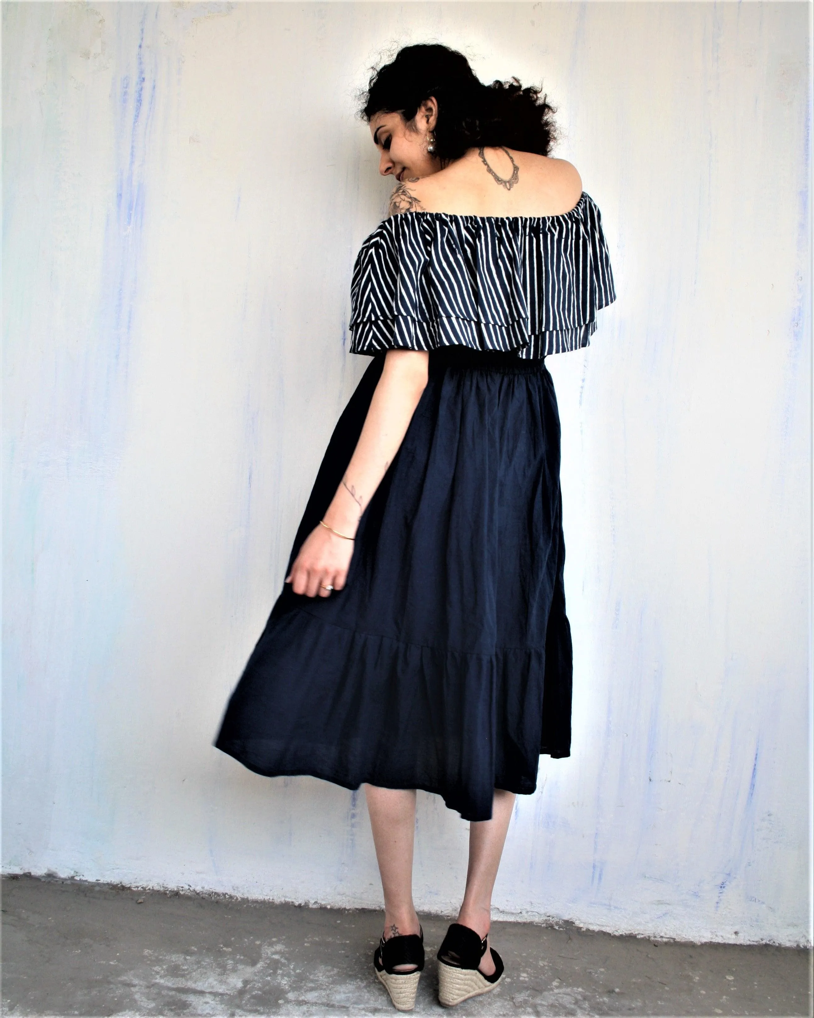 Blue Offshoulder Blockprinted Cotton Dress