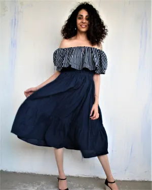 Blue Offshoulder Blockprinted Cotton Dress